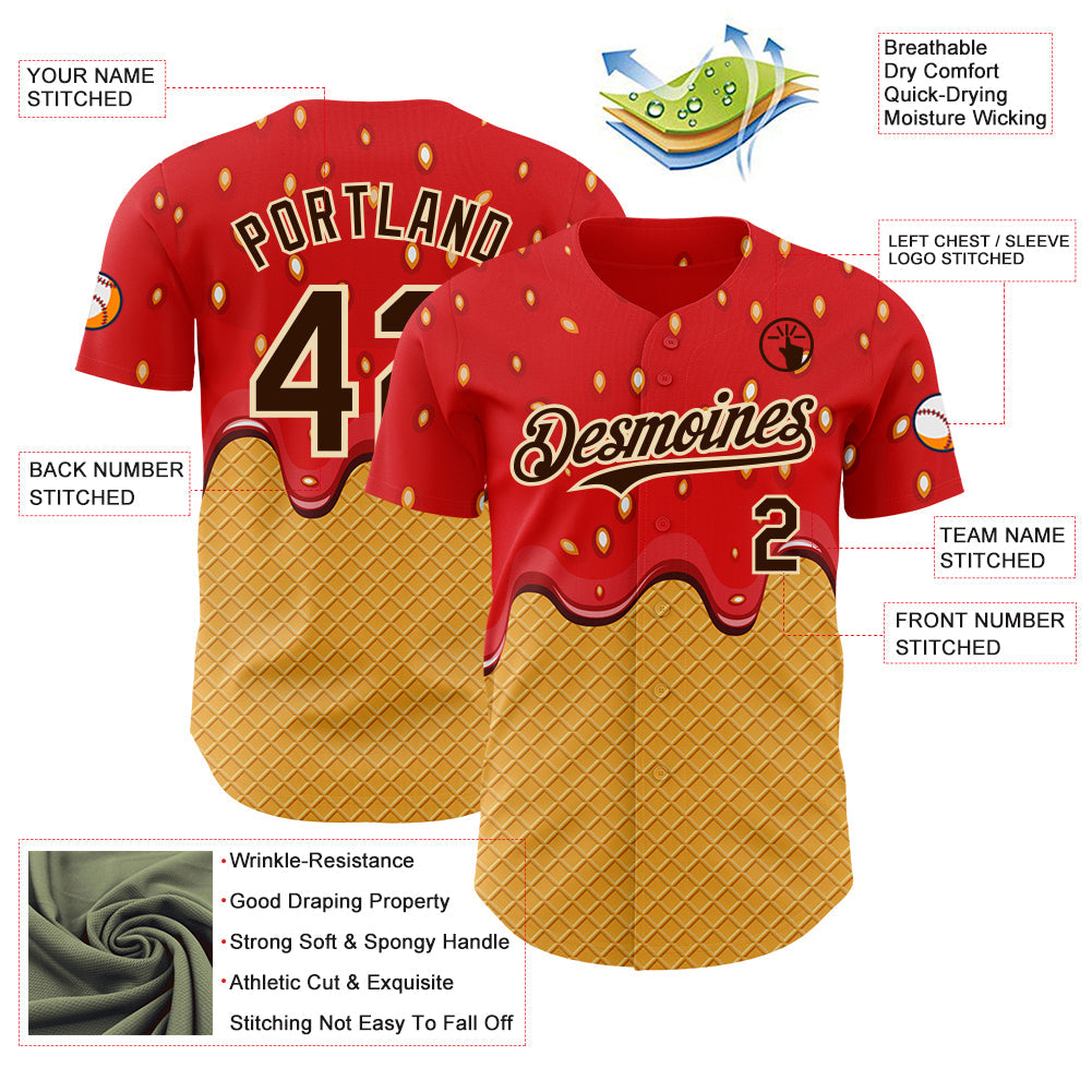 Custom Red Brown Yellow-Cream Foodie Food Dessert Melting Cream Waffle Grid Authentic Baseball Jersey