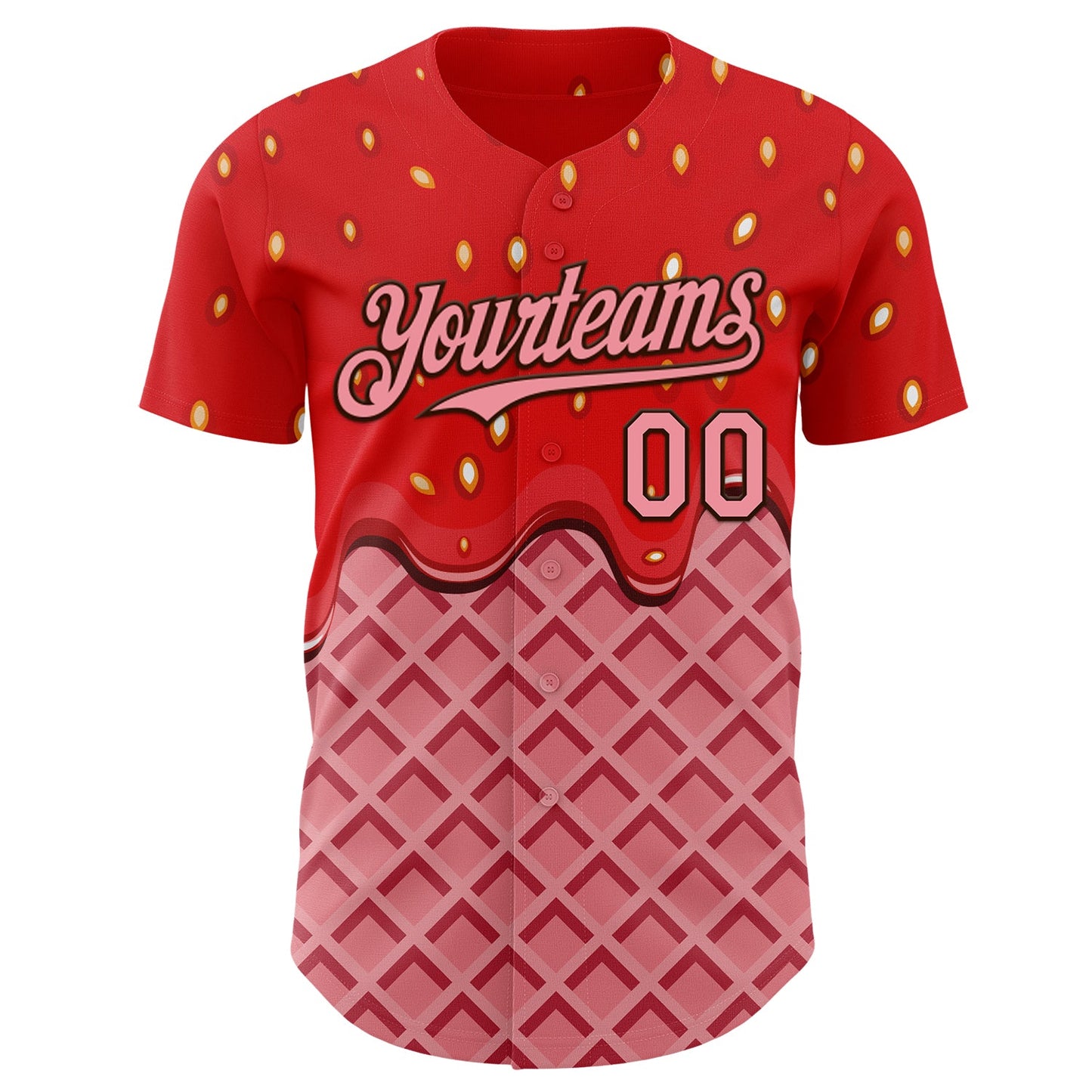 Custom Red Medium Pink-Brown Foodie Food Dessert Melting Cream Waffle Grid Authentic Baseball Jersey