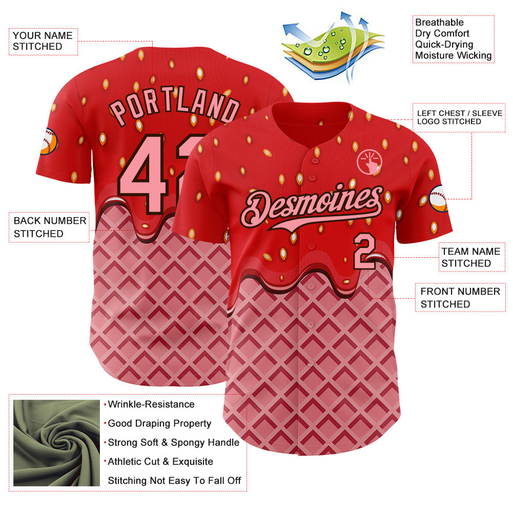 Custom Red Medium Pink-Brown Foodie Food Dessert Melting Cream Waffle Grid Authentic Baseball Jersey