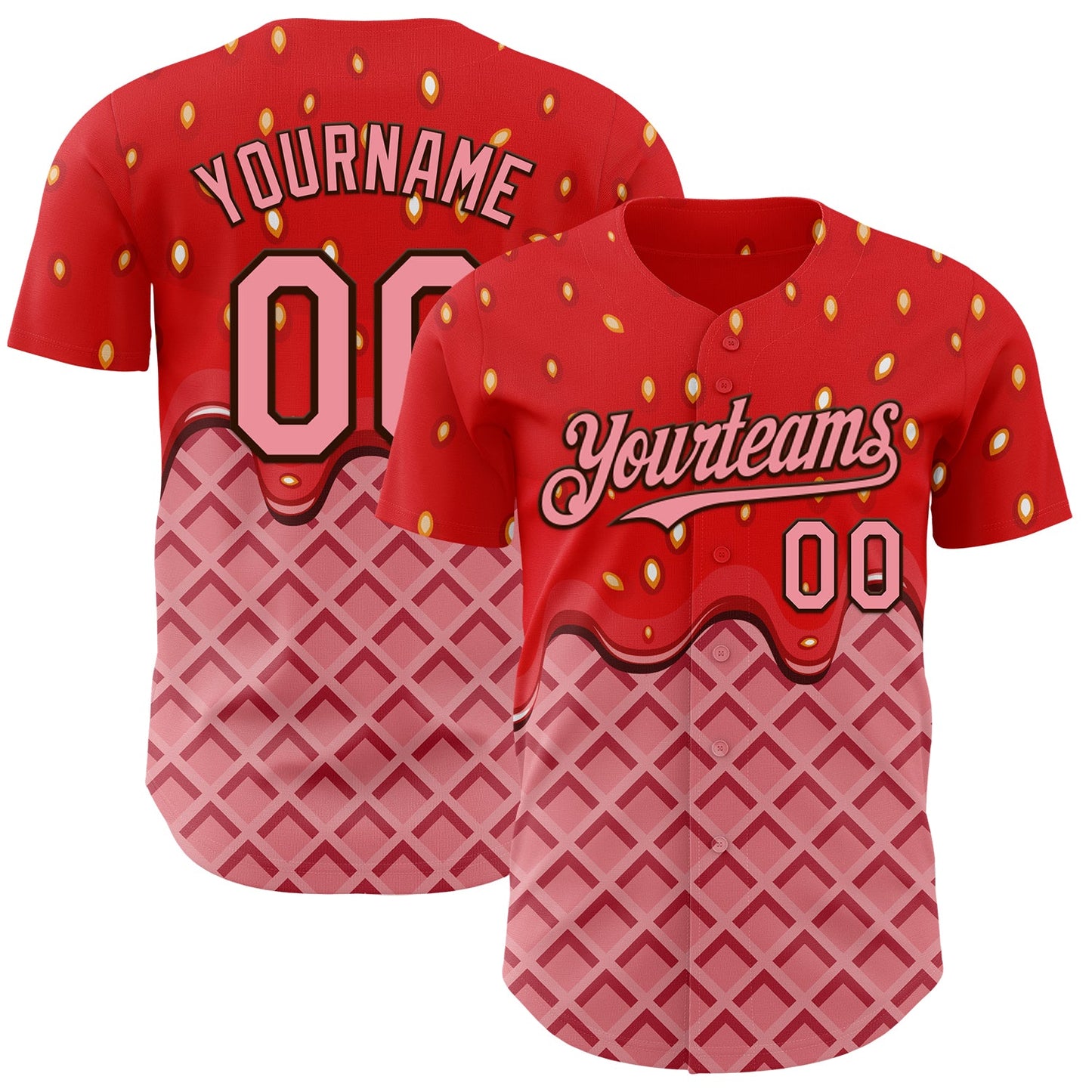 Custom Red Medium Pink-Brown Foodie Food Dessert Melting Cream Waffle Grid Authentic Baseball Jersey