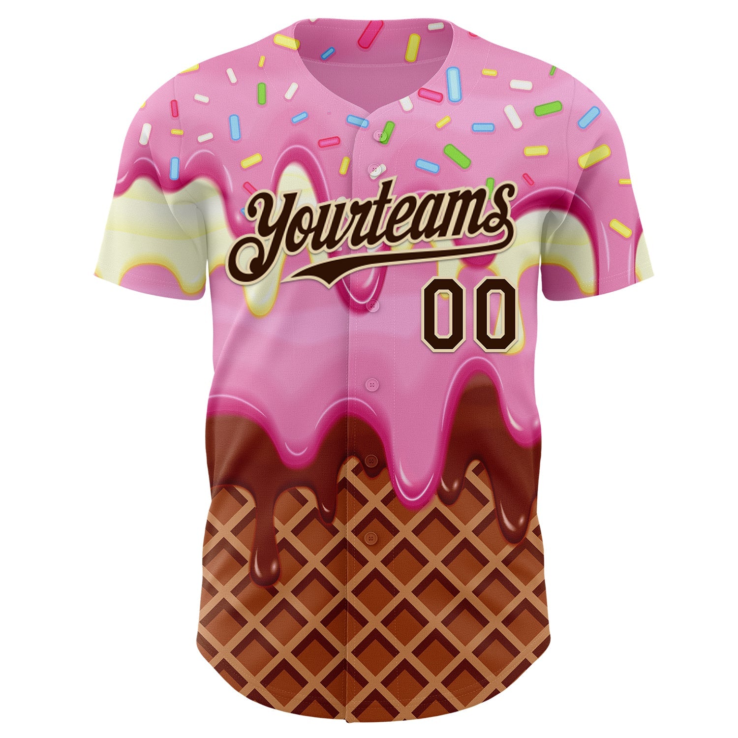 Custom Light Pink Brown-Cream Foodie Food Dessert Melting Cream Waffle Grid Authentic Baseball Jersey