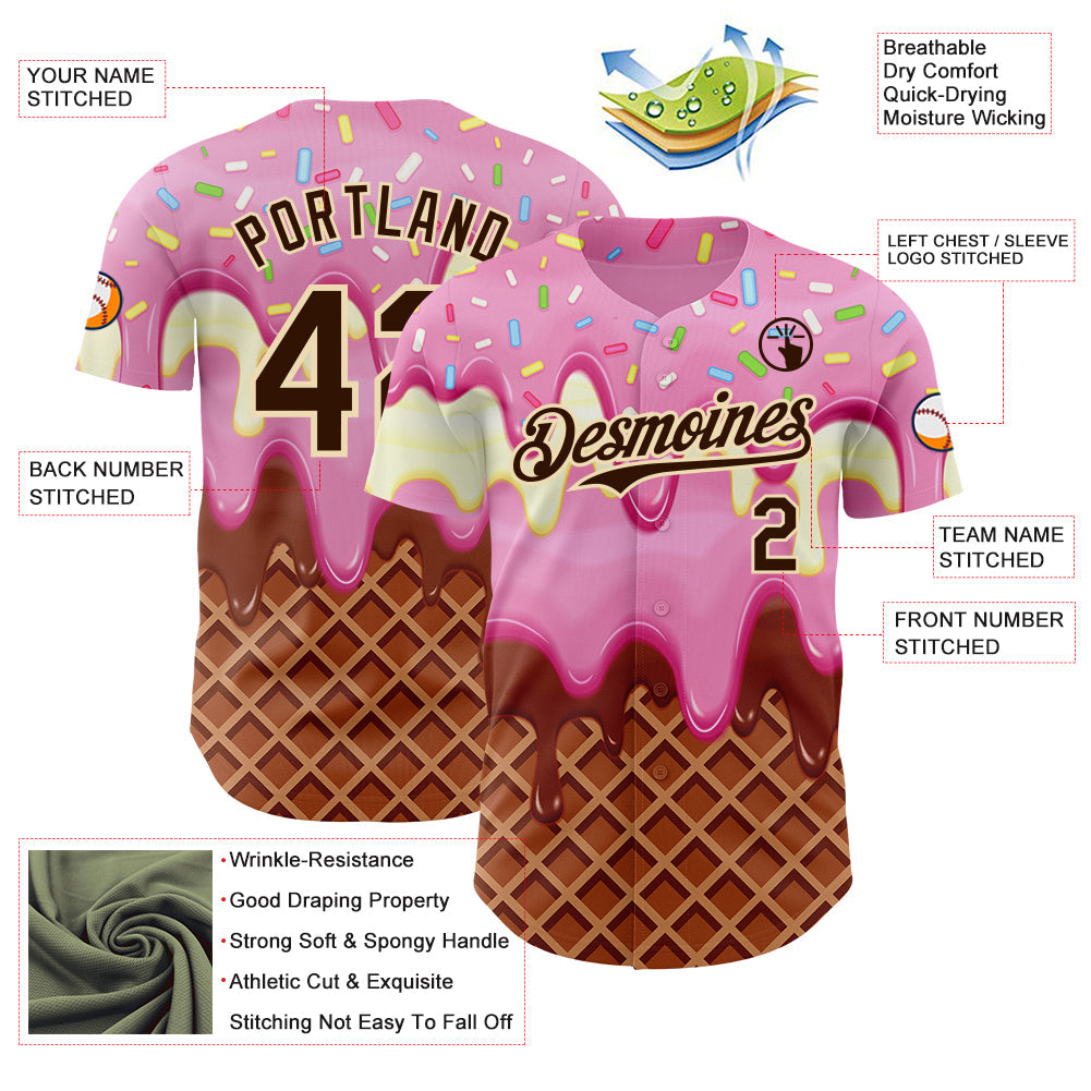 Custom Light Pink Brown-Cream Foodie Food Dessert Melting Cream Waffle Grid Authentic Baseball Jersey
