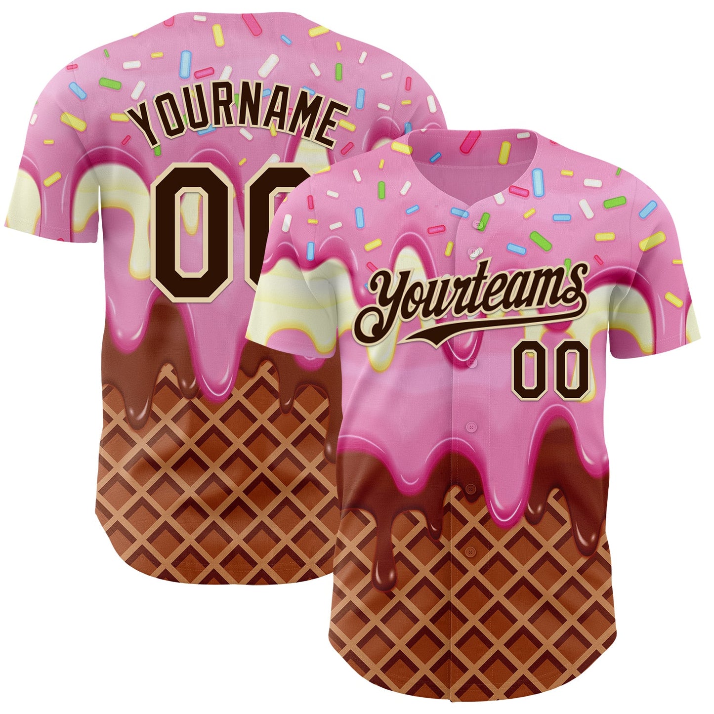 Custom Light Pink Brown-Cream Foodie Food Dessert Melting Cream Waffle Grid Authentic Baseball Jersey