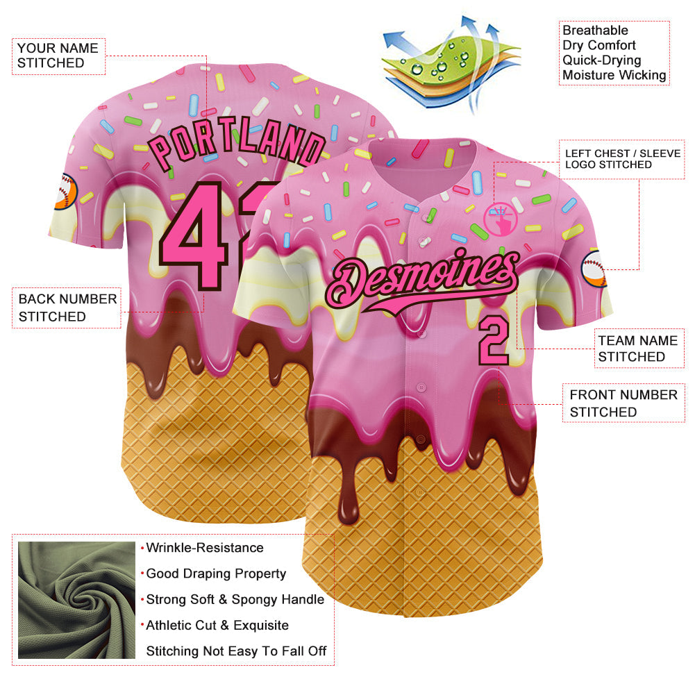 Custom Light Pink Pink Yellow-Brown Foodie Food Dessert Melting Cream Waffle Grid Authentic Baseball Jersey