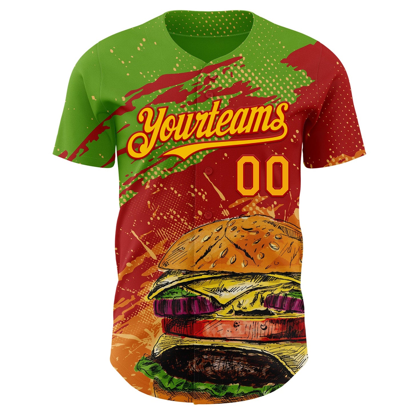 Custom Aurora Green Yellow-Red Foodie Fast Food Burger Authentic Baseball Jersey
