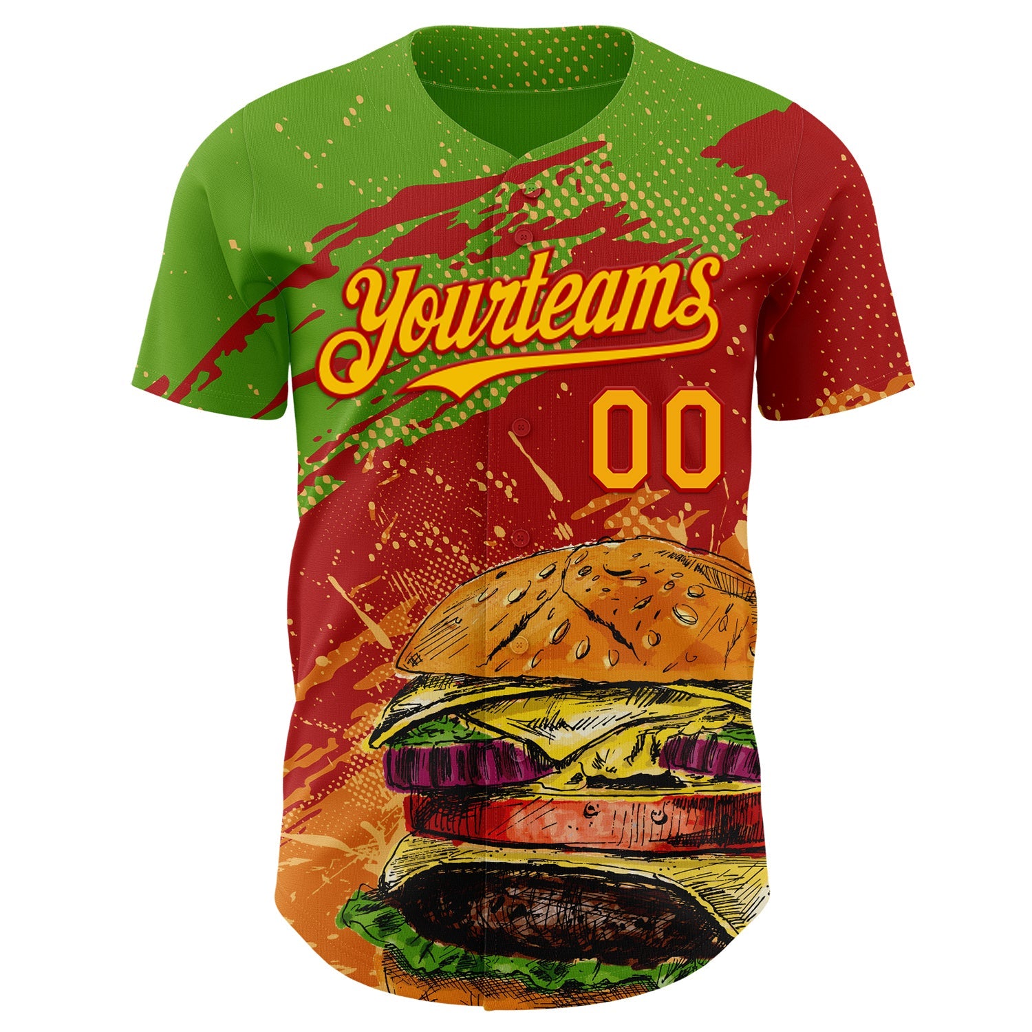 Custom Aurora Green Yellow-Red Foodie Fast Food Burger Authentic Baseball Jersey