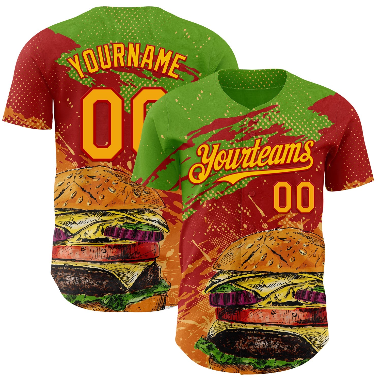 Custom Aurora Green Yellow-Red Foodie Fast Food Burger Authentic Baseball Jersey