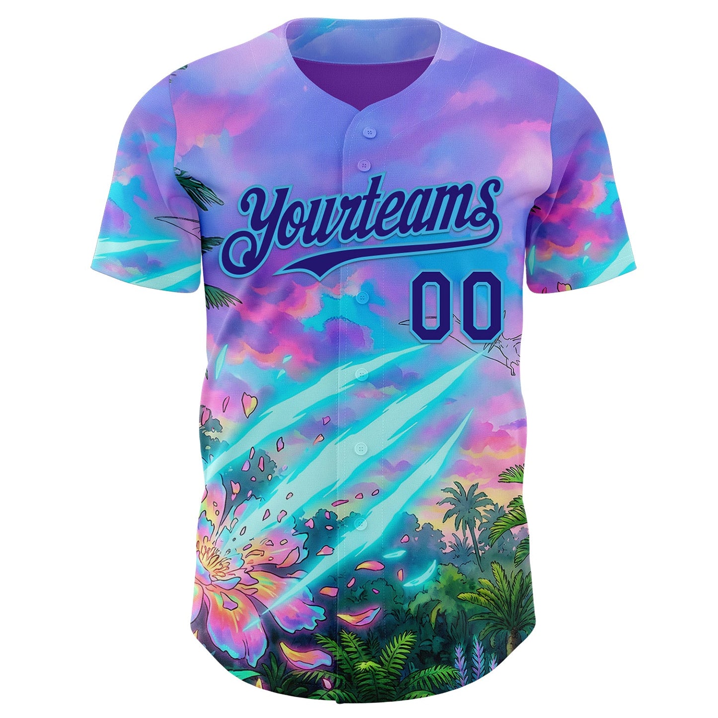 Custom Purple Dark Purple Pink-Sky Blue Cyber Tropical Palm Trees Psychedelic Sky Authentic Baseball Jersey
