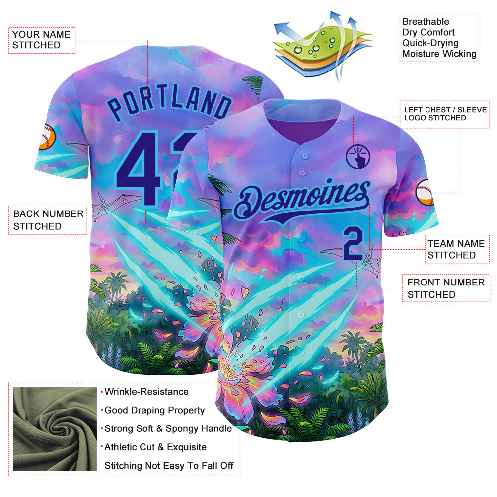 Custom Purple Dark Purple Pink-Sky Blue Cyber Tropical Palm Trees Psychedelic Sky Authentic Baseball Jersey
