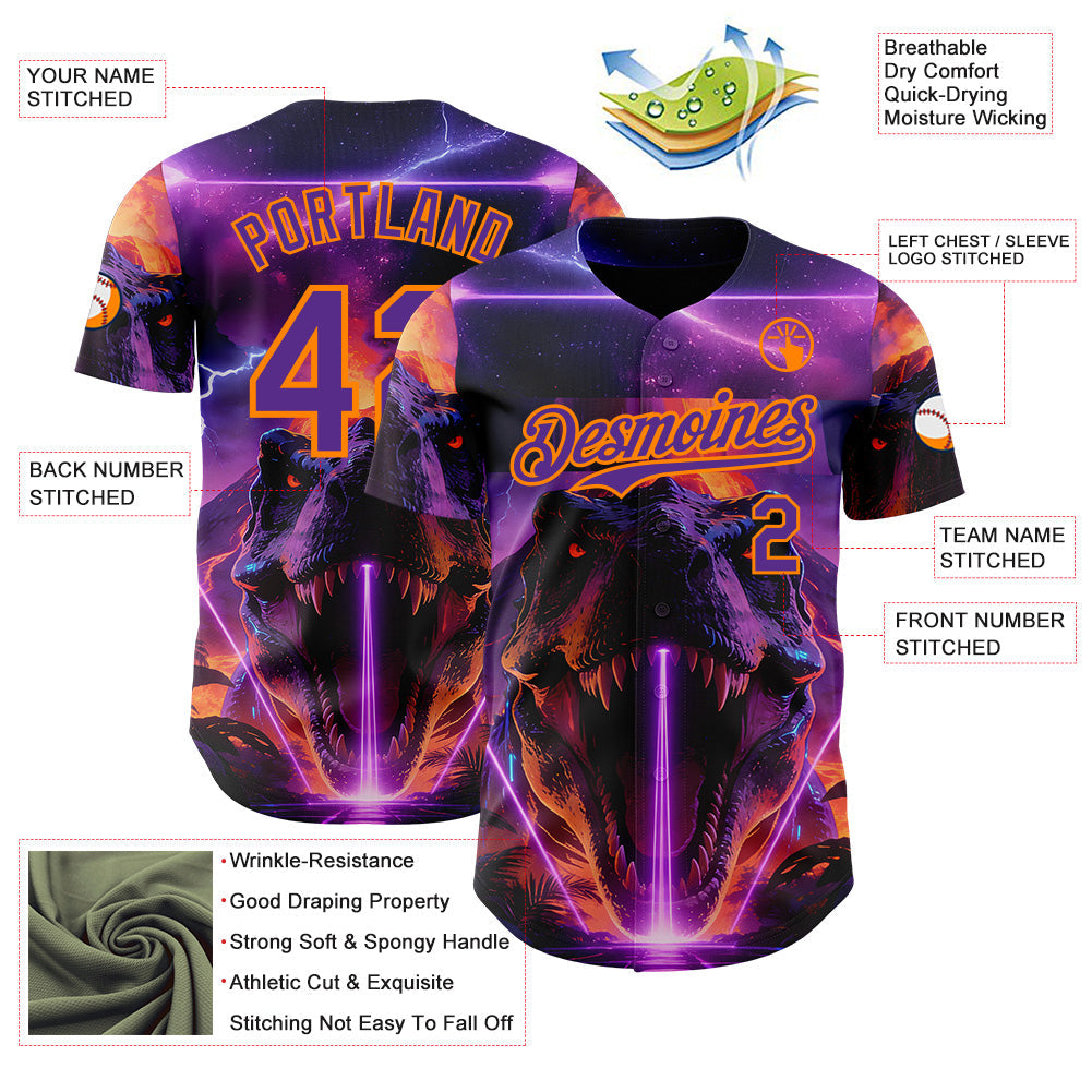 Custom Black Purple-Bay Orange Cyber Tropical Palm Trees Dinosaur Gothic Fantasy Authentic Baseball Jersey