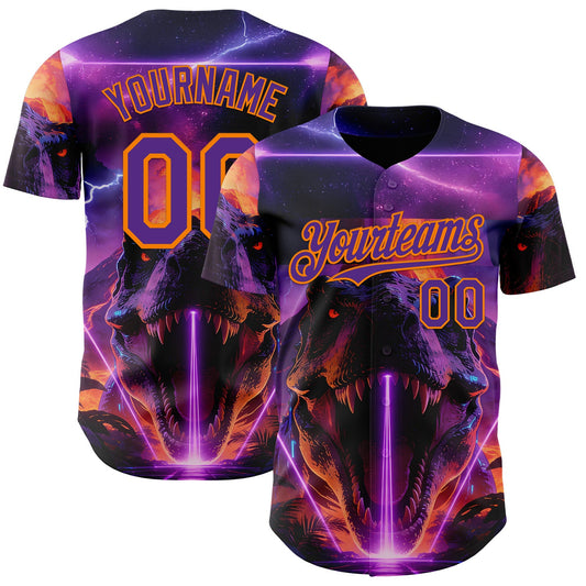 Custom Black Purple-Bay Orange Cyber Tropical Palm Trees Dinosaur Gothic Fantasy Authentic Baseball Jersey