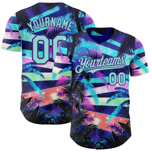 Custom Blue Ice Blue-Purple Cyber Tropical Palm Trees Music Festival Authentic Baseball Jersey
