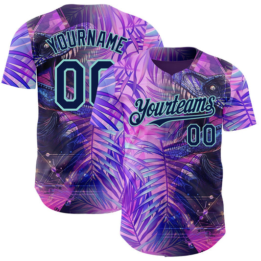 Custom Purple Navy-Ice Blue Cyber Tropical Palm Trees Dinosaur Gothic Fantasy Authentic Baseball Jersey