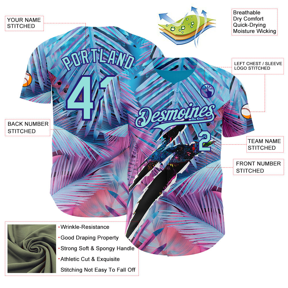 Custom Blue Ice Blue Pink-Dark Purple Cyber Tropical Palm Trees Music Festival Gothic Fantasy Authentic Baseball Jersey