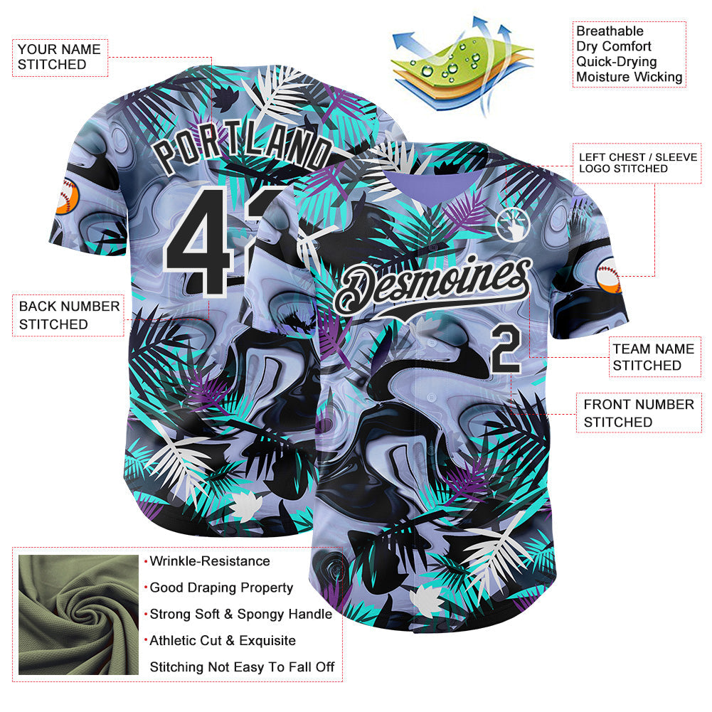 Custom Purple Black Green-White Cyber Tropical Palm Trees Music Festival Fluid Liquid Authentic Baseball Jersey