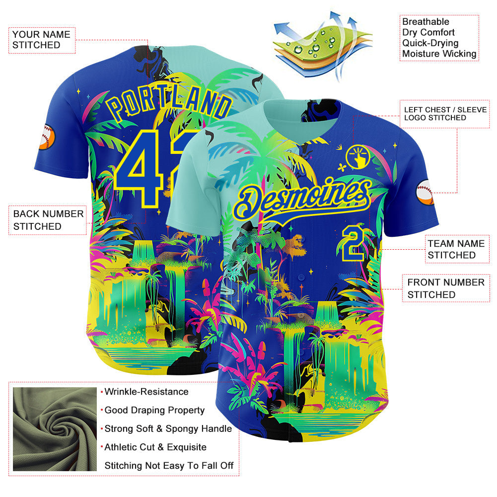 Custom Thunder Blue Green-Light Yellow Cyber Tropical Palm Trees Music Festival Authentic Baseball Jersey