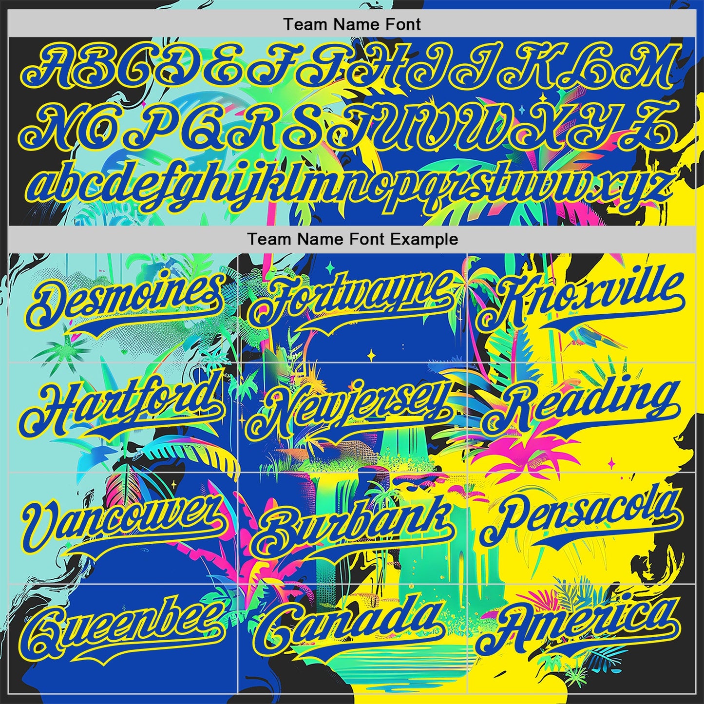 Custom Thunder Blue Green-Light Yellow Cyber Tropical Palm Trees Music Festival Authentic Baseball Jersey