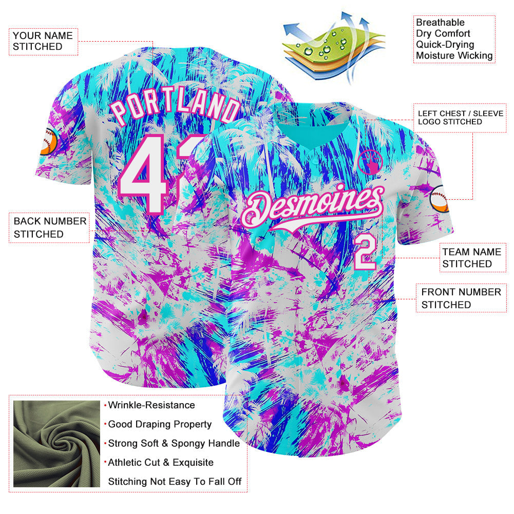 Custom Ice Blue White Blue-Deep Pink Cyber Tropical Palm Trees Music Festival Authentic Baseball Jersey