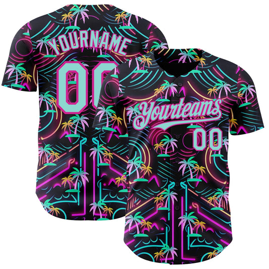 Custom Black Ice Blue-Deep Pink Cyber Tropical Palm Trees Music Festival Authentic Baseball Jersey