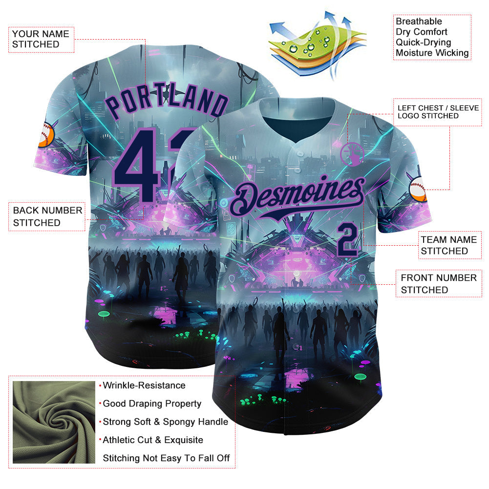 Custom Gray Navy Black-Medium Purple Cyber Tropical Palm Trees Music Festival Authentic Baseball Jersey