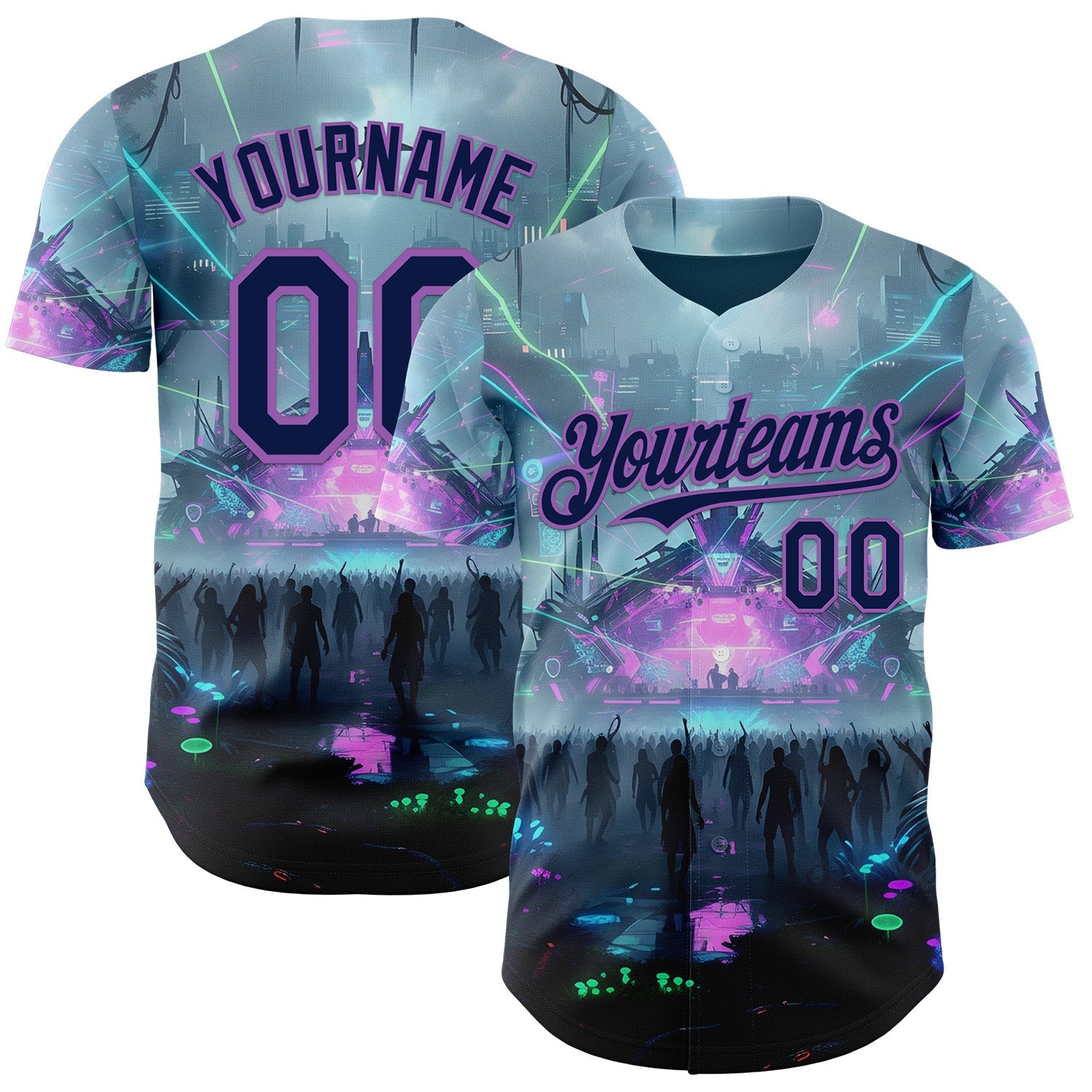 Custom Gray Navy Black-Medium Purple Cyber Tropical Palm Trees Music Festival Authentic Baseball Jersey