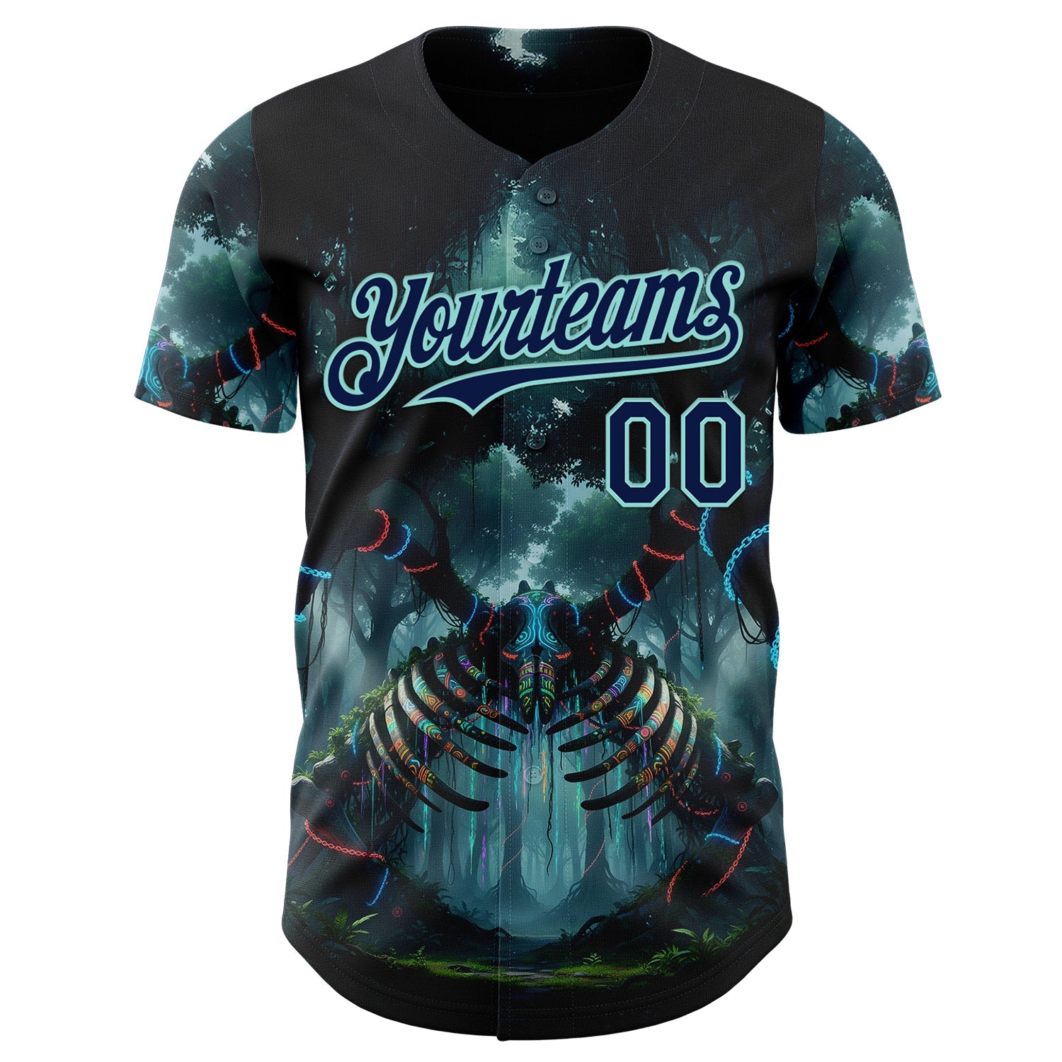 Custom Black Navy-Ice Blue Cyber Tropical Palm Trees Gothic Fantasy Authentic Baseball Jersey