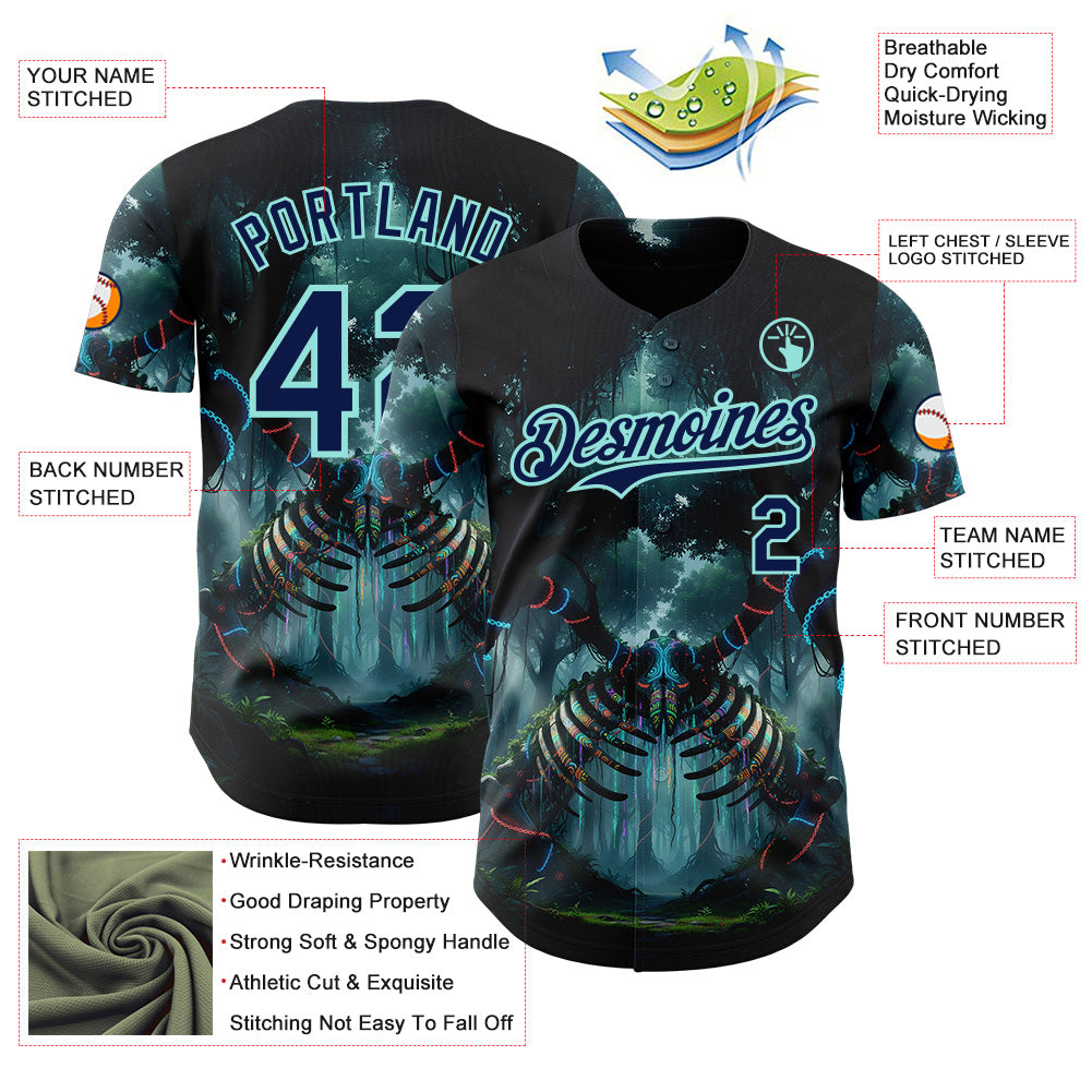 Custom Black Navy-Ice Blue Cyber Tropical Palm Trees Gothic Fantasy Authentic Baseball Jersey