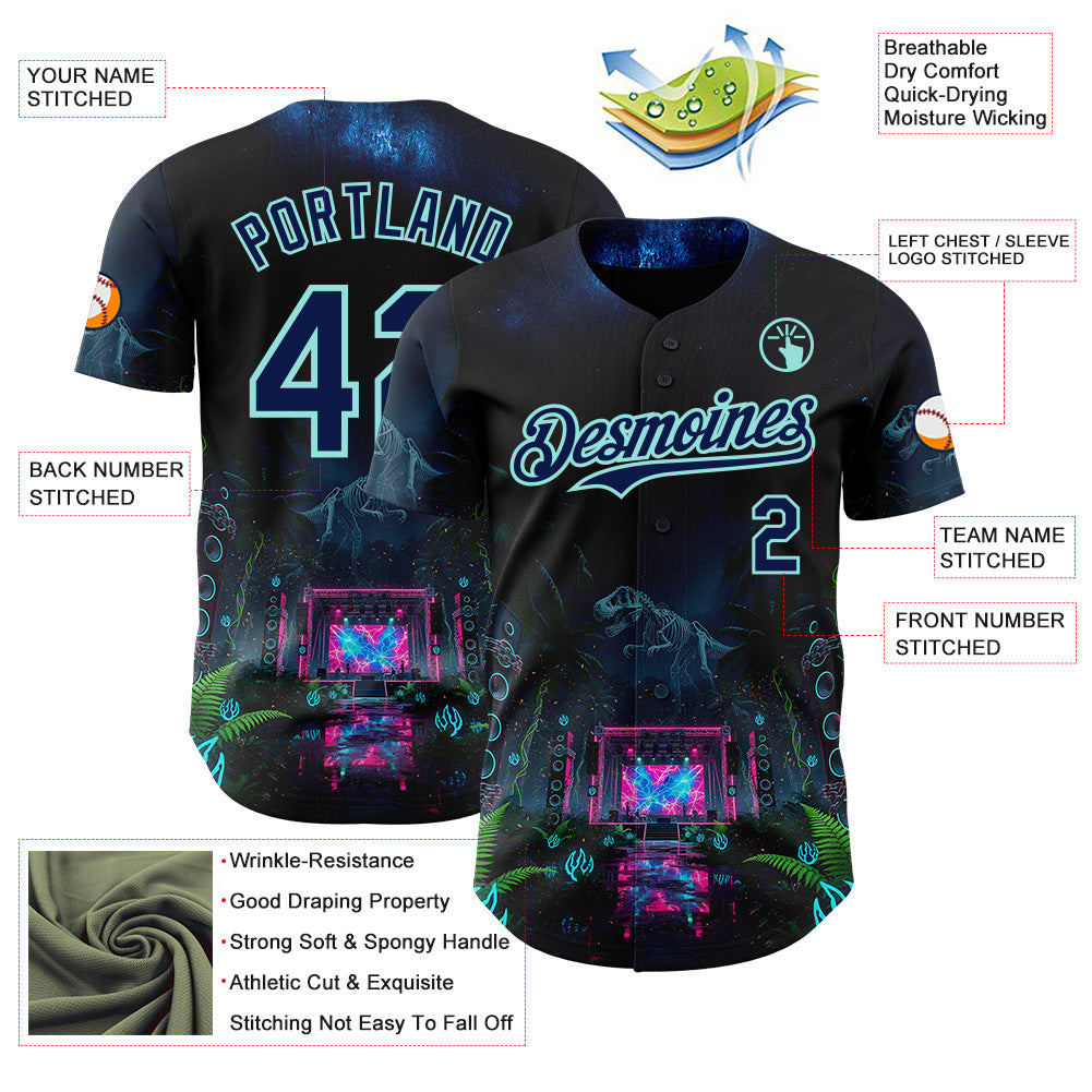 Custom Black Navy-Ice Blue Cyber Tropical Palm Trees Music Festival Gothic Fantasy Authentic Baseball Jersey