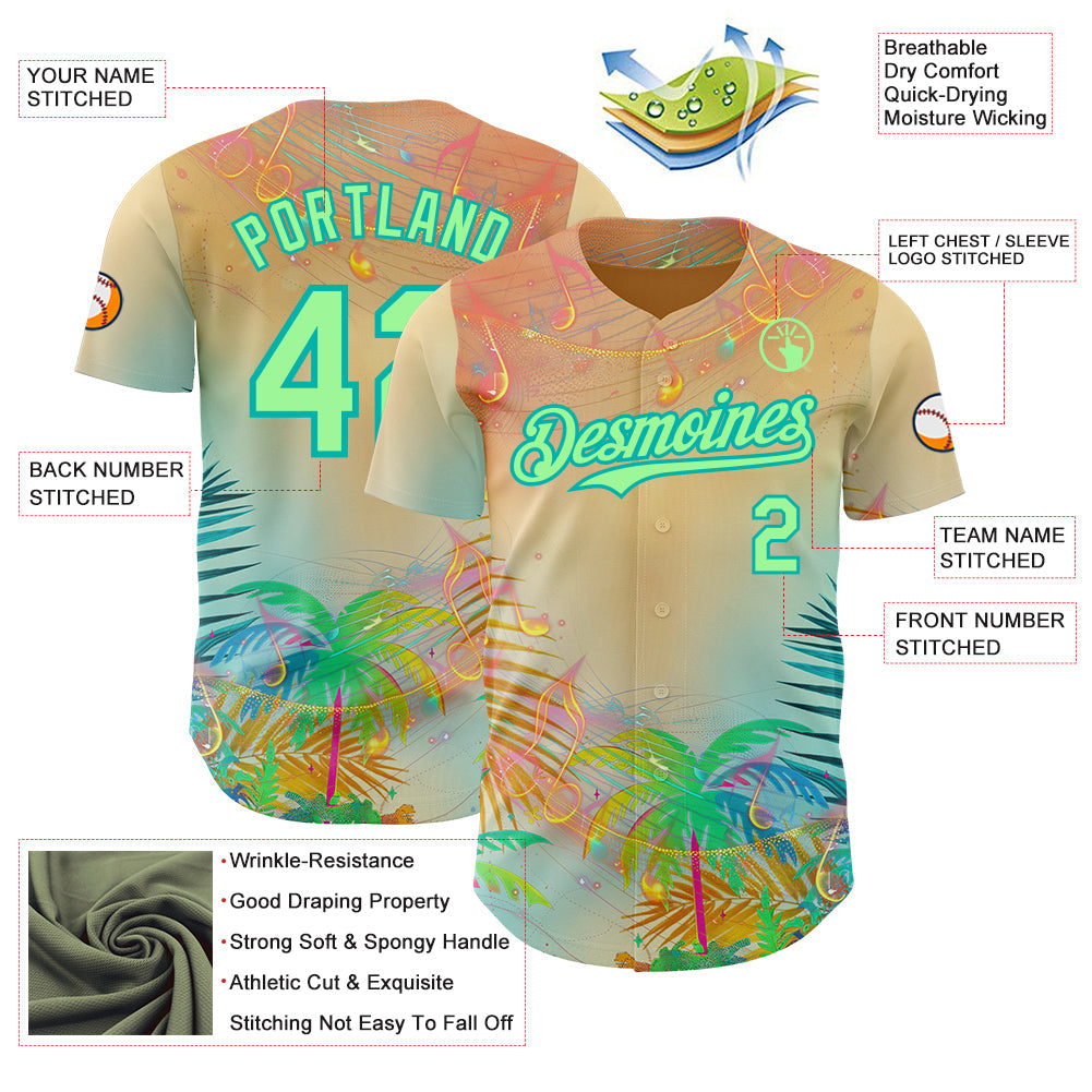 Custom Yellow Pea Green-Aqua Cyber Tropical Palm Trees Music Festival Authentic Baseball Jersey