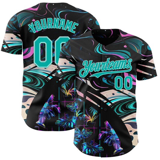 Custom Black Aqua-Ice Blue Cyber Tropical Palm Trees Music Festival Fluid Liquid Authentic Baseball Jersey