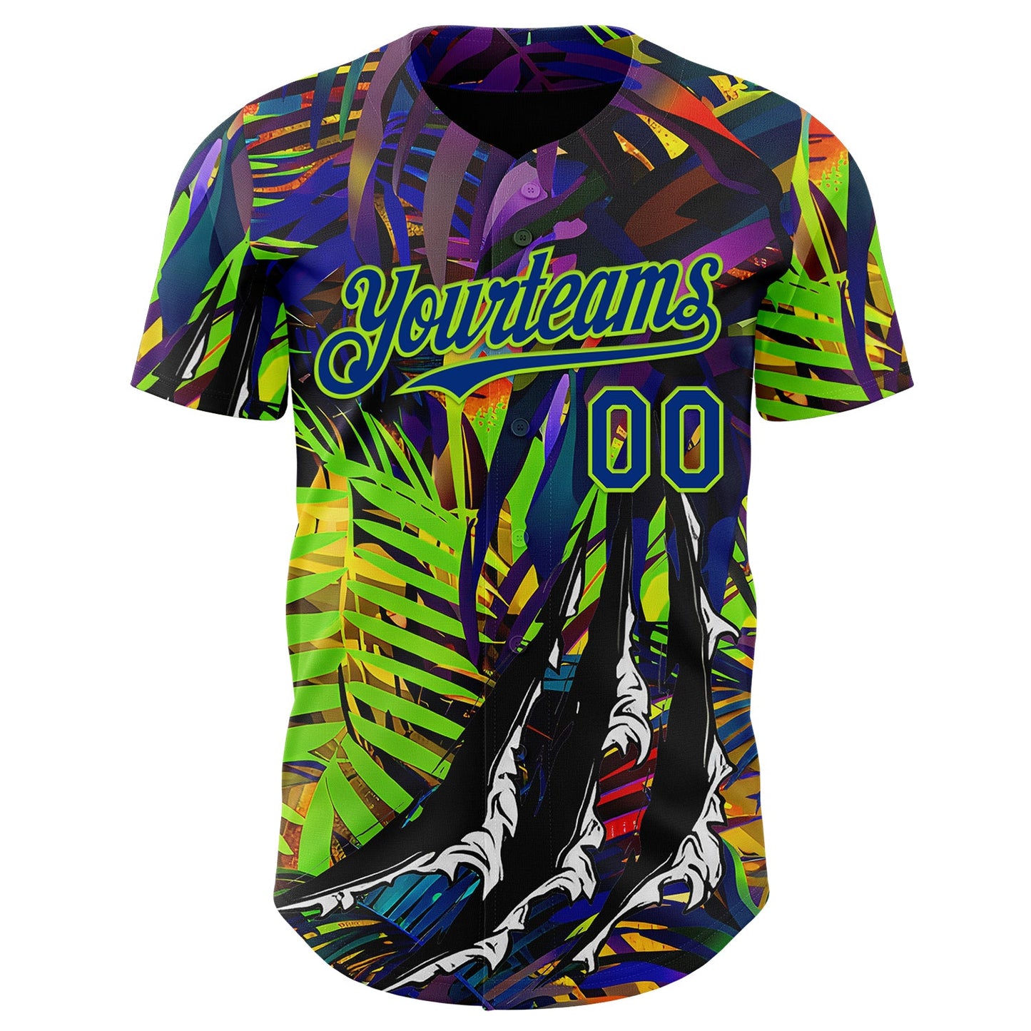 Custom Black Royal-Neon Green Cyber Tropical Palm Trees Music Festival Claw Marks Authentic Baseball Jersey
