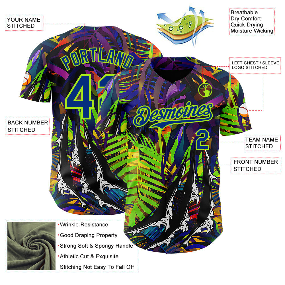 Custom Black Royal-Neon Green Cyber Tropical Palm Trees Music Festival Claw Marks Authentic Baseball Jersey