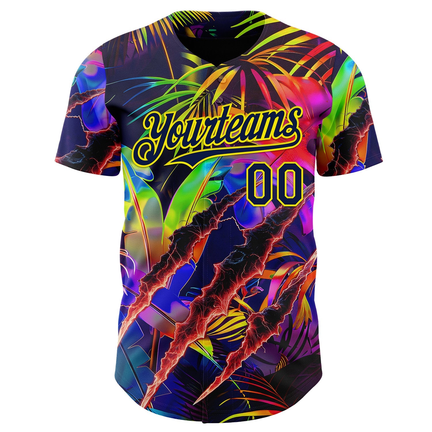 Custom Black Navy-Light Yellow Cyber Tropical Palm Trees Music Festival Claw Marks Authentic Baseball Jersey