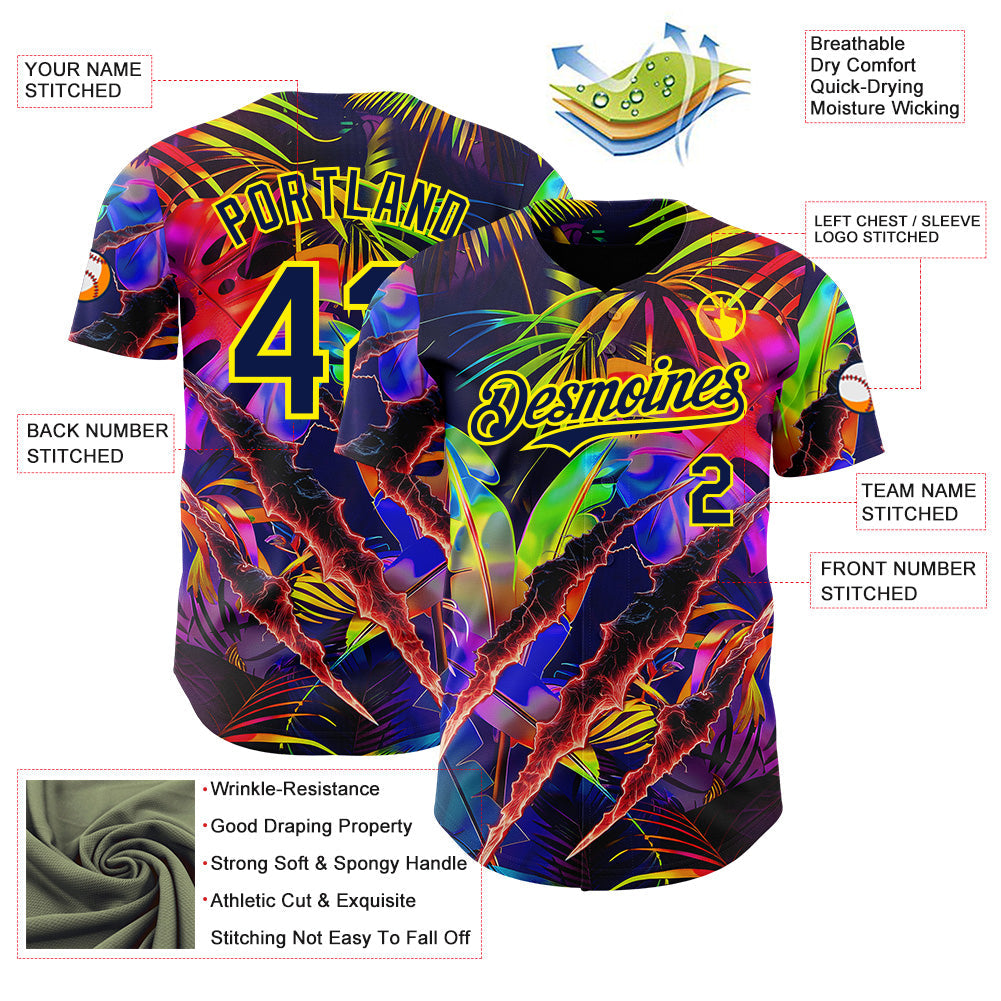 Custom Black Navy-Light Yellow Cyber Tropical Palm Trees Music Festival Claw Marks Authentic Baseball Jersey