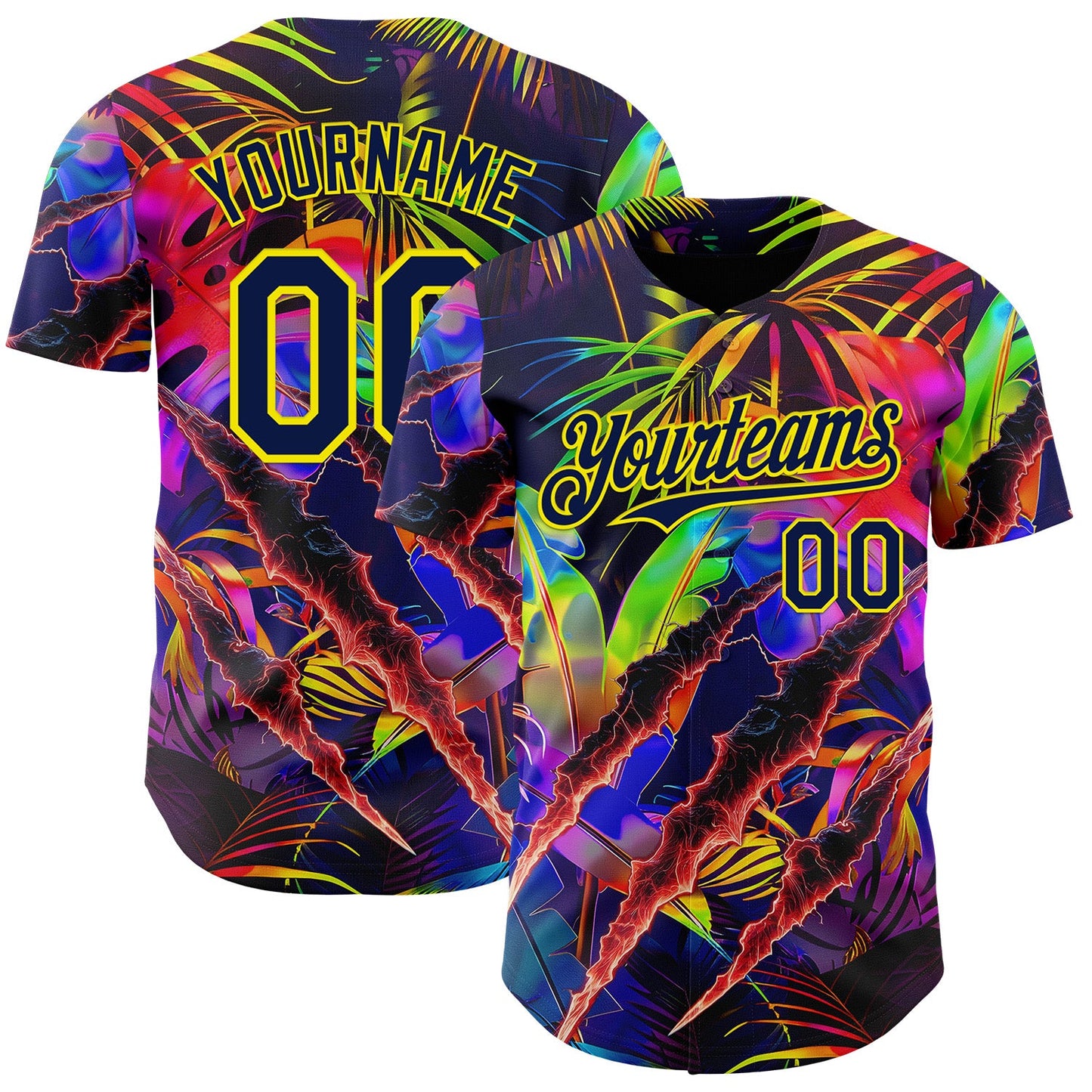 Custom Black Navy-Light Yellow Cyber Tropical Palm Trees Music Festival Claw Marks Authentic Baseball Jersey