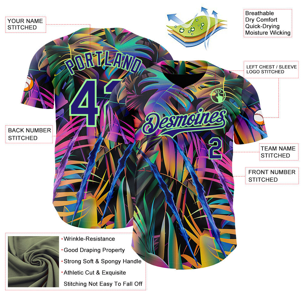 Custom Black Dark Purple-Pea Green Cyber Tropical Palm Trees Music Festival Claw Marks Authentic Baseball Jersey