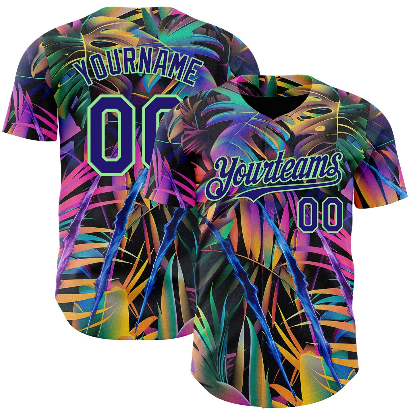 Custom Black Dark Purple-Pea Green Cyber Tropical Palm Trees Music Festival Claw Marks Authentic Baseball Jersey