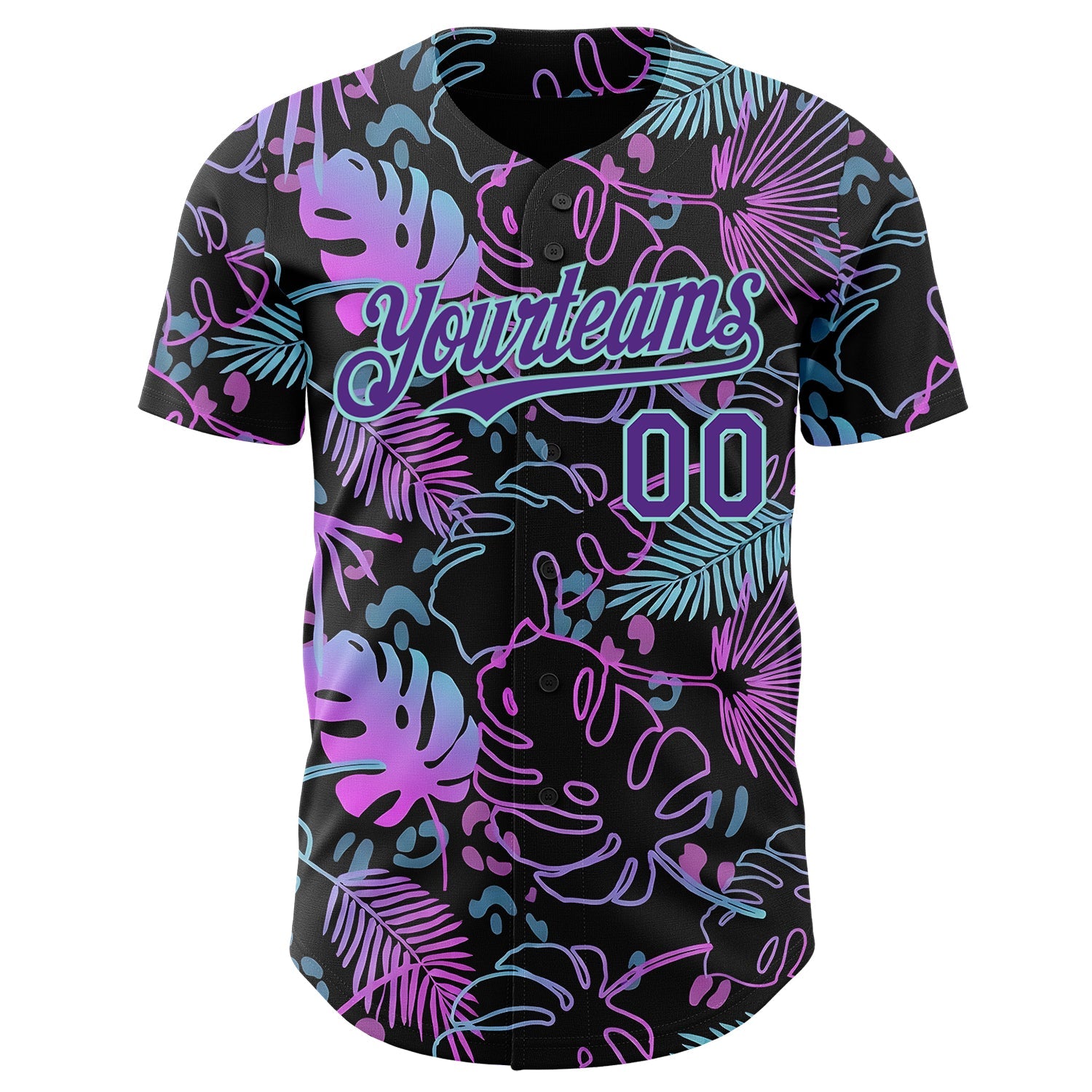 Custom Black Purple-Ice Blue Cyber Tropical Palm Trees Music Festival Authentic Baseball Jersey