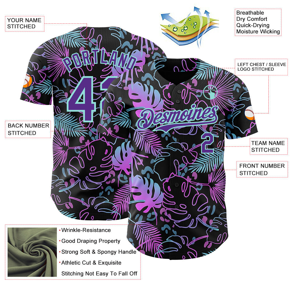 Custom Black Purple-Ice Blue Cyber Tropical Palm Trees Music Festival Authentic Baseball Jersey
