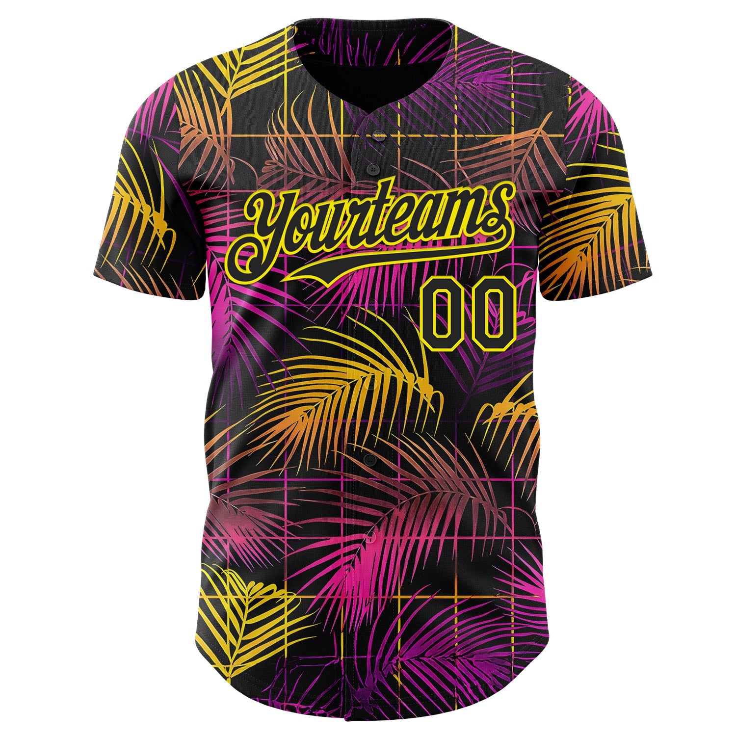 Custom Black Purple-Light Yellow Cyber Tropical Palm Trees Music Festival Authentic Baseball Jersey