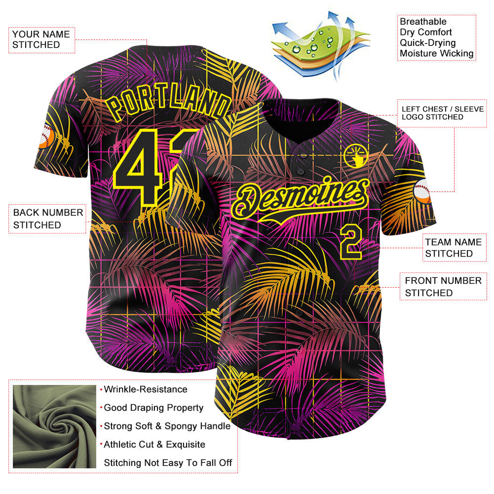 Custom Black Purple-Light Yellow Cyber Tropical Palm Trees Music Festival Authentic Baseball Jersey