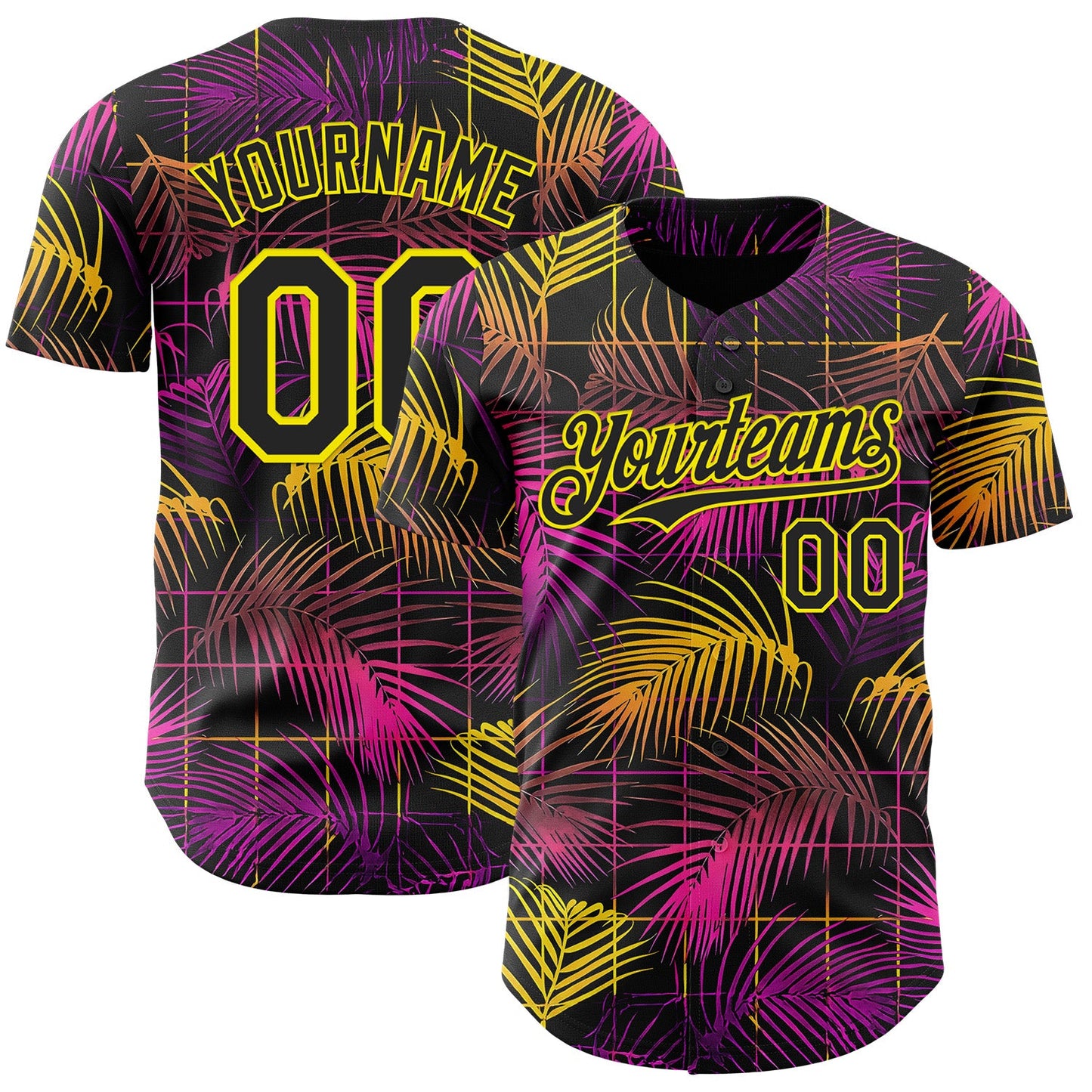 Custom Black Purple-Light Yellow Cyber Tropical Palm Trees Music Festival Authentic Baseball Jersey