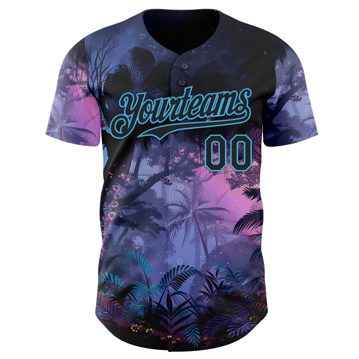 Custom Blue Black Purple-Sky Blue Cyber Tropical Palm Trees Music Festival Authentic Baseball Jersey