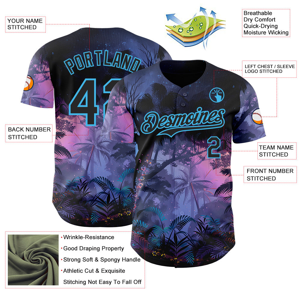 Custom Blue Black Purple-Sky Blue Cyber Tropical Palm Trees Music Festival Authentic Baseball Jersey