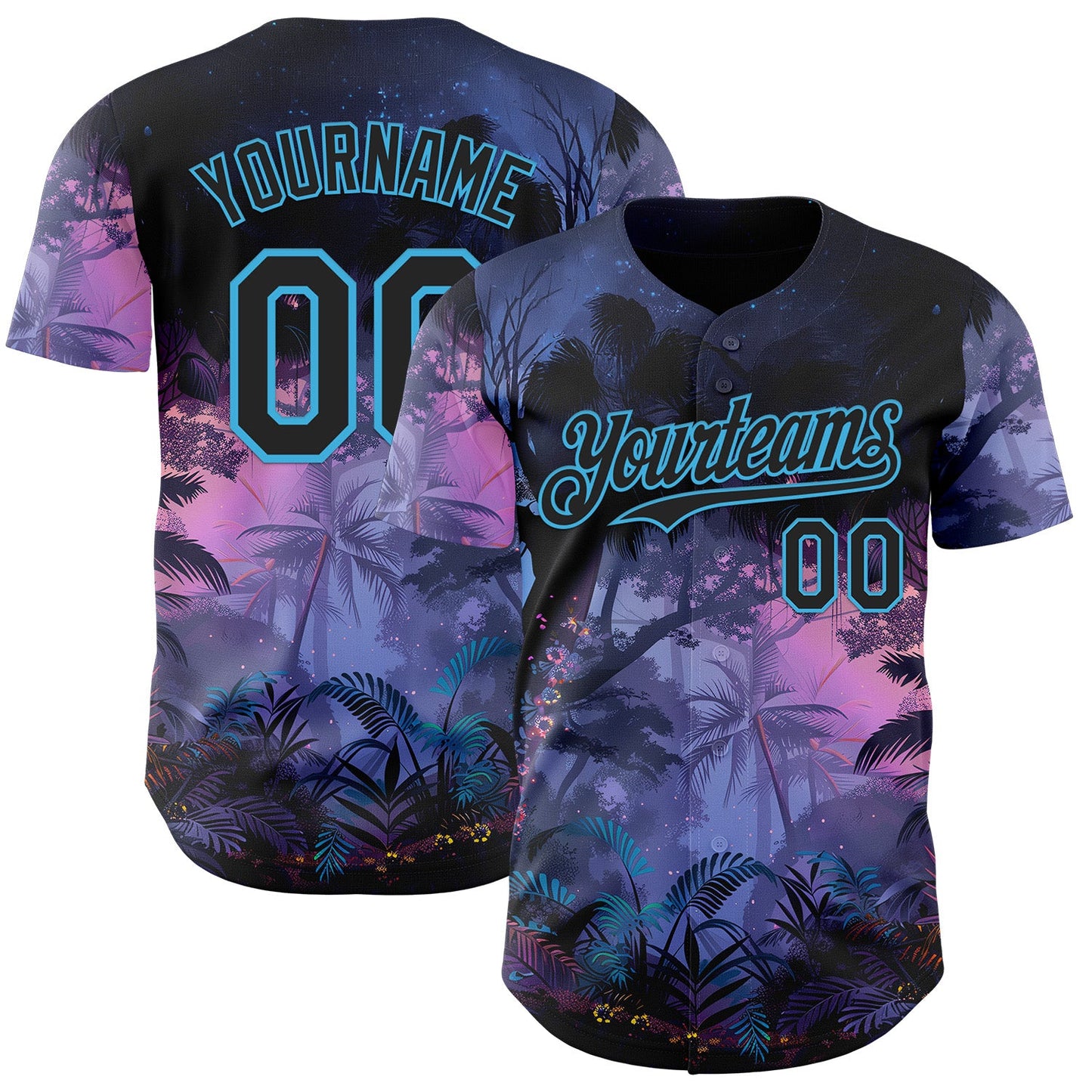 Custom Blue Black Purple-Sky Blue Cyber Tropical Palm Trees Music Festival Authentic Baseball Jersey