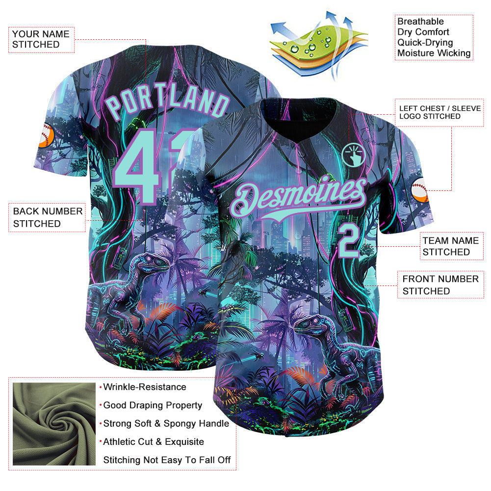 Custom Black Ice Blue-Medium Purple Cyber Tropical Palm Trees Music Festival Gothic Fantasy Authentic Baseball Jersey