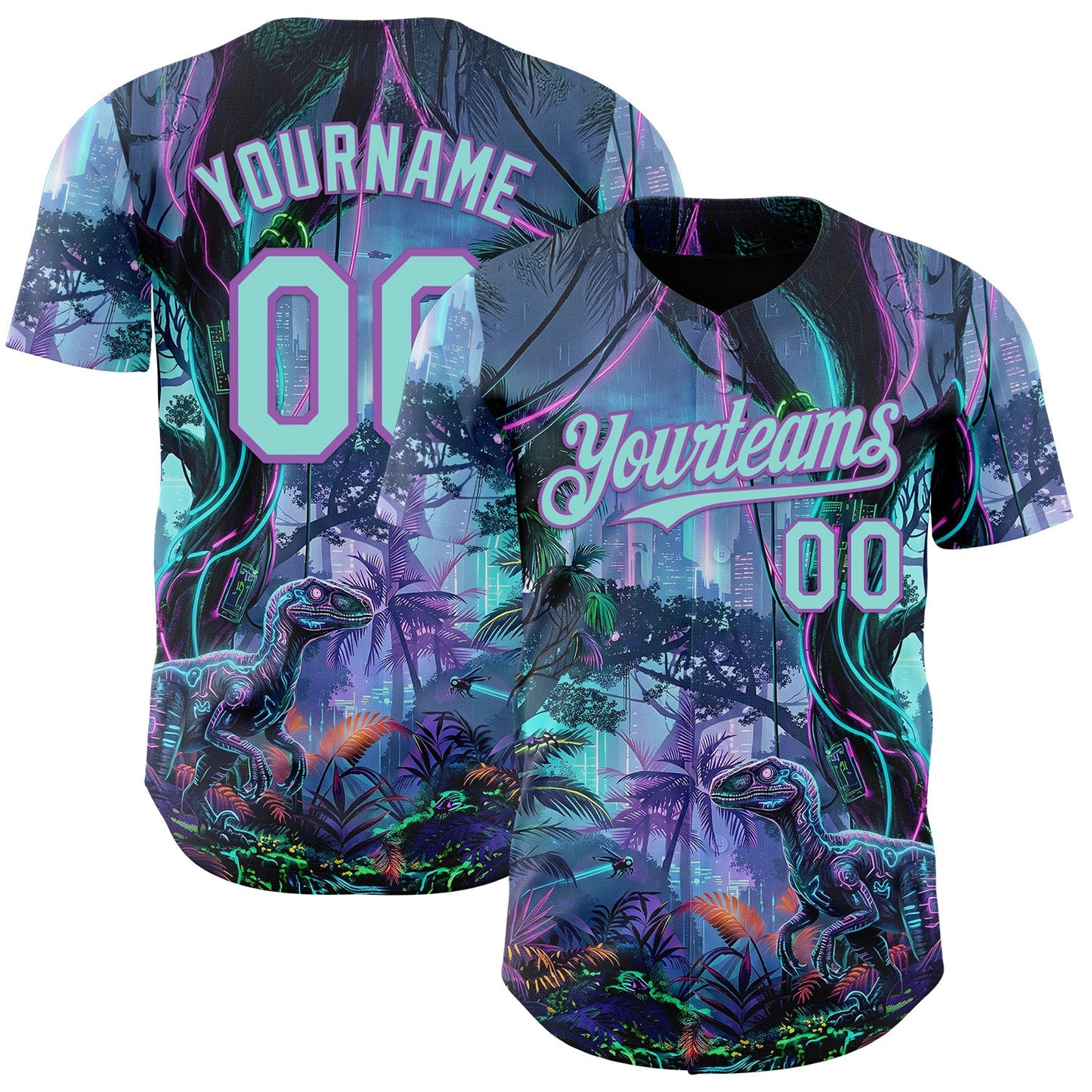 Custom Black Ice Blue-Medium Purple Cyber Tropical Palm Trees Music Festival Gothic Fantasy Authentic Baseball Jersey