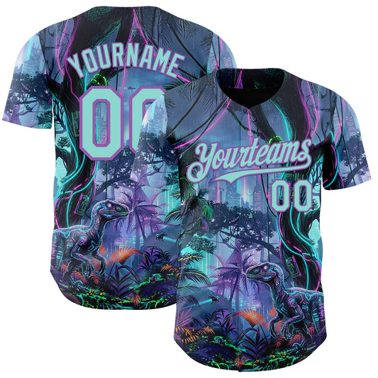 Custom Black Ice Blue-Medium Purple Cyber Tropical Palm Trees Music Festival Gothic Fantasy Authentic Baseball Jersey