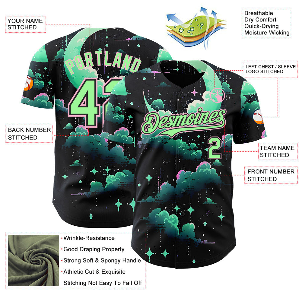Custom Black Pea Green-Light Pink Galaxy Star Nebula Authentic Baseball Jersey