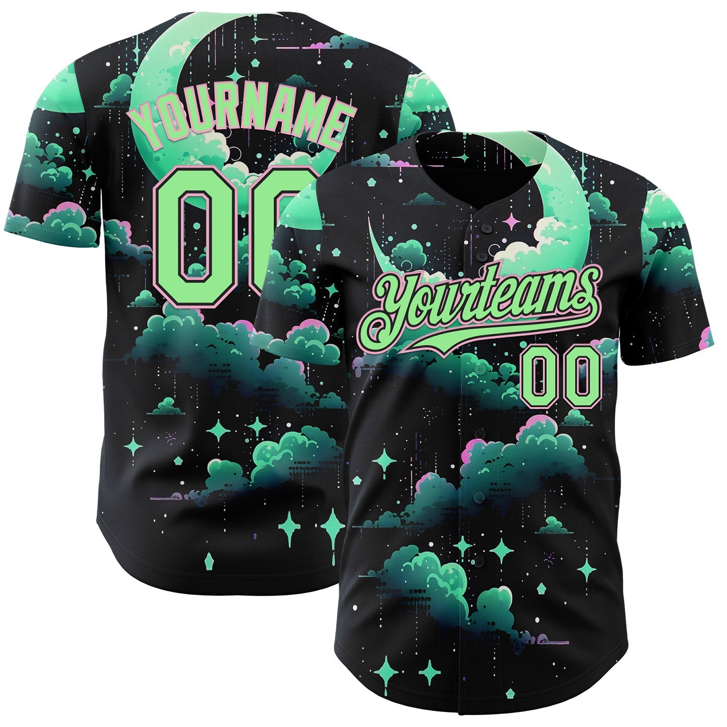 Custom Black Pea Green-Light Pink Galaxy Star Nebula Authentic Baseball Jersey